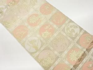 渡文製　格子に丸文・花々模様織出し全通袋帯